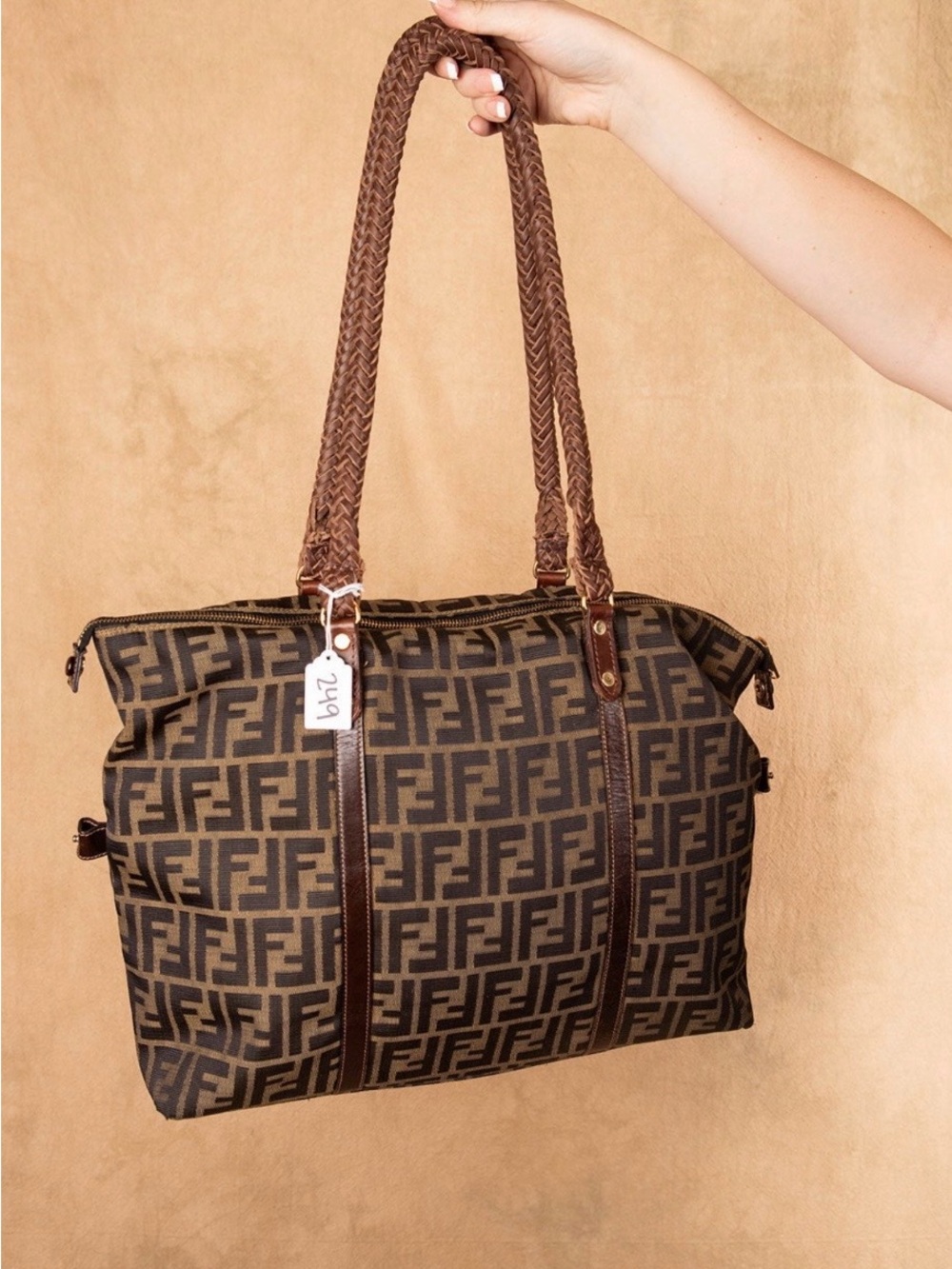 Fendi Brown FF Monogram Tote with Braided Leather Handles